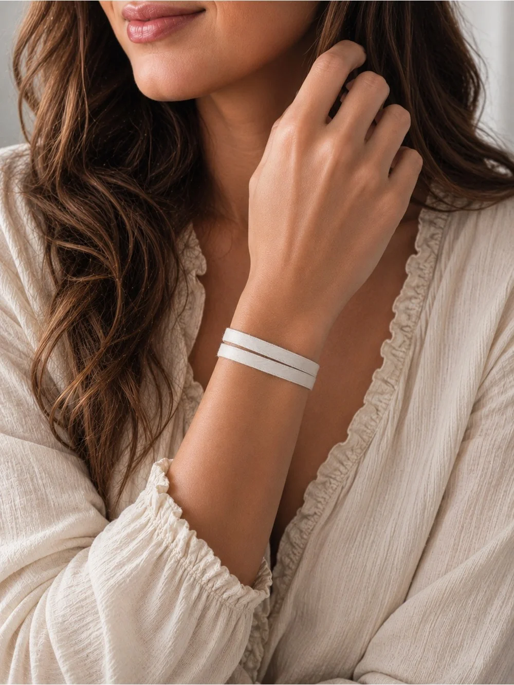Minimal White Fur Wrap Bracelet with Gold Snap